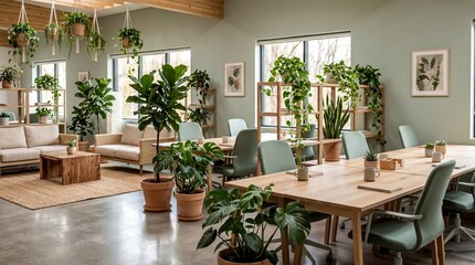Fototapeta premium Sustainable Office Interior Design with Green Plants - Eco-Friendly Workspace Concept