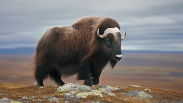 Wild muskoxen with calves in the arctic tundra landscape