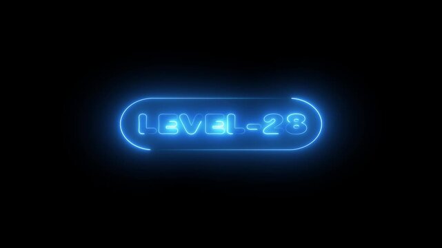 glowing neon Level-28 text inside a horizontal banner on black background. level 28 text icon animation.