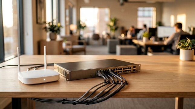 Sleek Network Switch on Office Desk: Modern IT Infrastructure for Seamless Connectivity Solutions