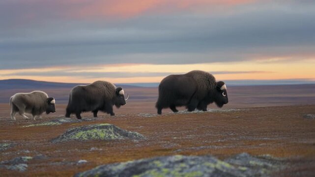 Muskoxen with calves walking across arctic tundra at sunset