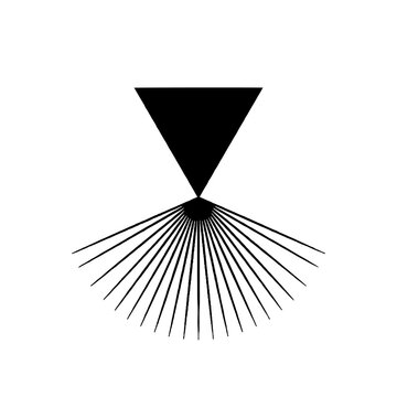 Abstract black inverted triangle connected to a radiating fan of thin lines, minimalist geometric vector illustration on a white background