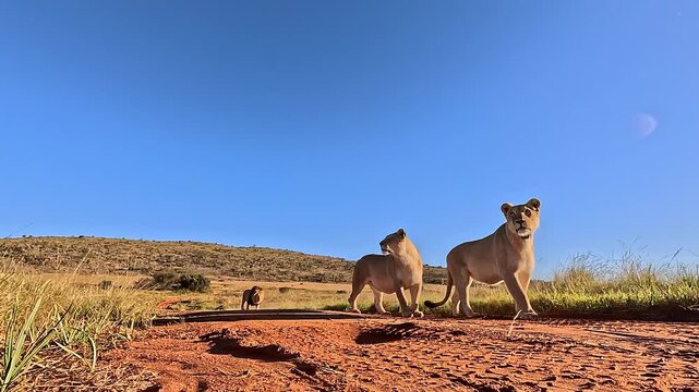 Ground level of two inquisitive lionesses cautiously approaching the camera