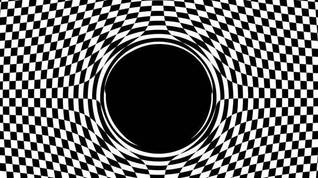 Hypnotic Black and White Checker Board Squares with Warped Black Hole in the Centre.