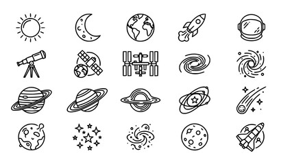 Fototapeta premium Astronomy Space Exploration Line Icon Set with Planets Galaxy Rocket and Celestial Objects EPS Vector Collection