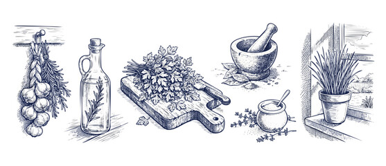 Culinary herbs vintage sketch illustration featuring garlic, rosemary, olive oil bottle, parsley on cutting board, mortar and pestle, potted chives on windowsill for rustic cooking design project home © Dinali