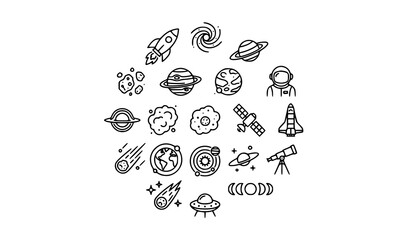 Space Exploration Outline Icon Set with Galaxy Rocket Telescope and Celestial Orbit Symbols EPS Vector © Md