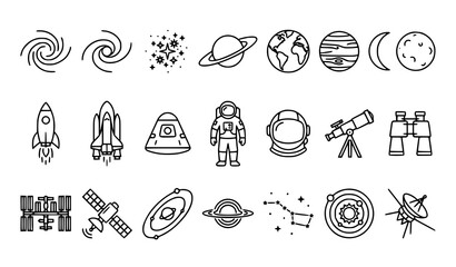 Minimal Astronomy Line Icon Set with Space Galaxy Rocket Satellite and Celestial Science Symbols EPS Vector © Md