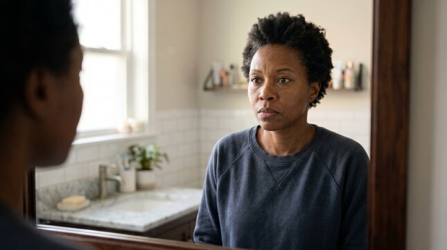 Thoughtful woman gazing at her reflection in the bathroom mirror.
