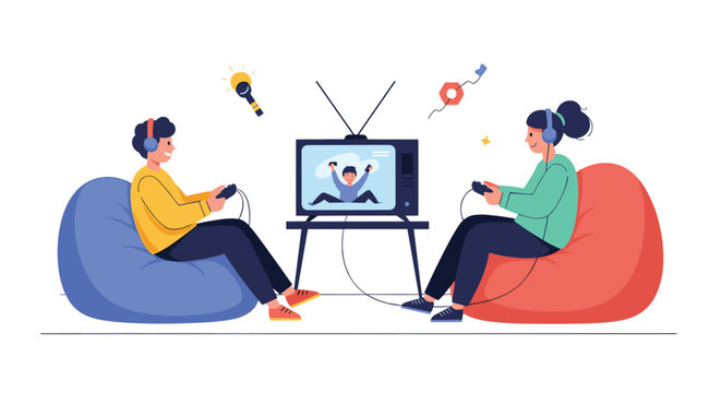 Young boy and girl sitting in cozy bean bag chairs playing exciting video games together on a retro television screen.