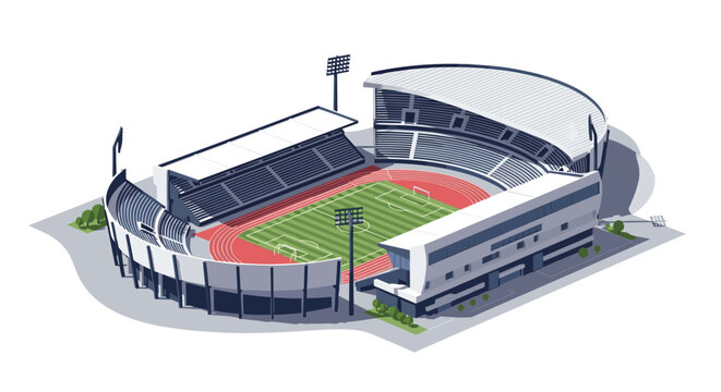 Impressive modern sports stadium with an isometric view, featuring a professional running track and green soccer field.
