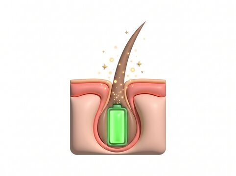 Isolated 3D render of hair follicle with charged green battery for hair growth booster concept
