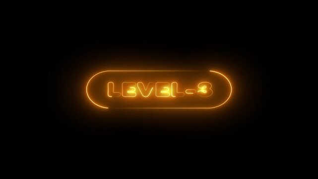 glowing neon Level-3 text inside a horizontal banner on black background. level 3 text icon animation.