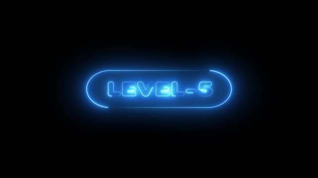 glowing neon Level-5 text inside a horizontal banner on black background. level 5 text icon animation.