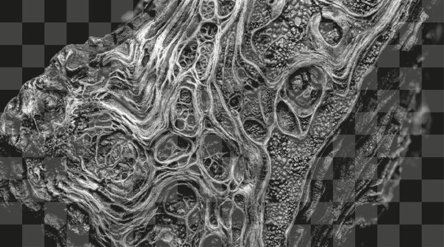 Abstract organic texture with intricate swirling patterns and porous cellular structures in grayscale, detailed cutout on transparent background.