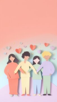 Cut-paper collage illustration celebrating freedom and community, sunrise with rays, raised joyful hands, stars and abstract people silhouettes, soft fresh colour palette of warm coral red, gentle gre