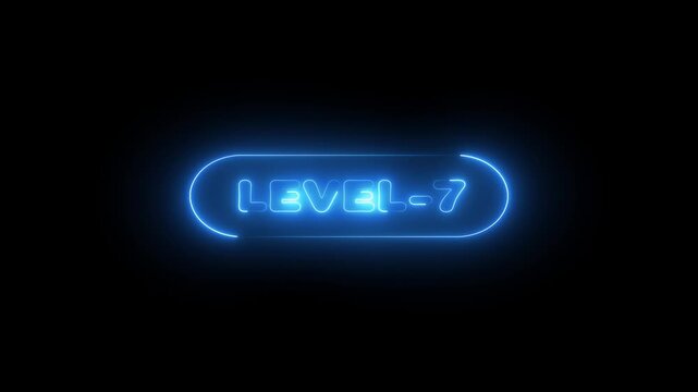 glowing neon Level-7 text inside a horizontal banner on black background. level 7 text icon animation.