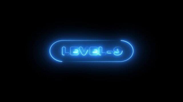 glowing neon Level-9 text inside a horizontal banner on black background. level 9 text icon animation.