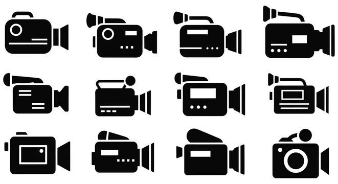 Vintage video camera icons black silhouettes on a white background