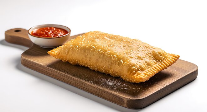 Delicious calzone on wooden board with sauce.