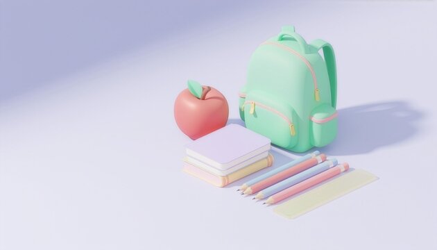 Back to school 3D stationery set with books, pencils, backpack and apple in soft tones on clean background, education copy space
