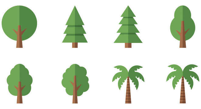 Flat Vector Illustration Of Various Tree Shapes On White Background