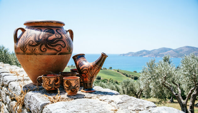 Minoan pottery on a stone parapet overlooking a Mediterranean landscape