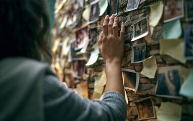 Fototapeta premium Person Touching Wall with Photos and Notes in Creative Space