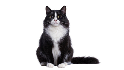 Fluffy black and white tuxedo cat sitting attentively © Ophelia