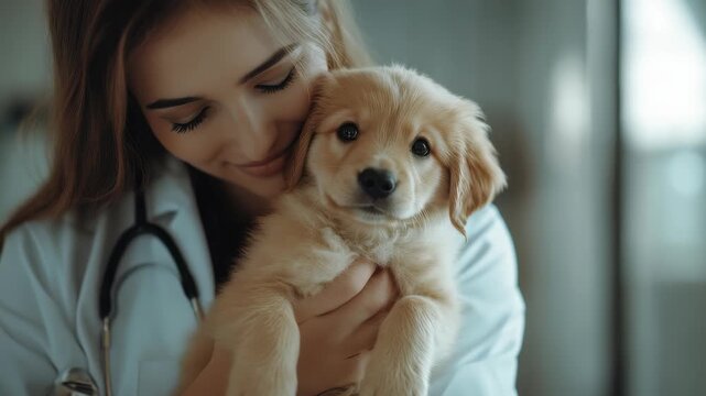 This image shows a vet in a white coat tenderly cradling a golden retriever puppy, her soft expression reflects affection. The scene evokes tenderness and professionalism in animal care.