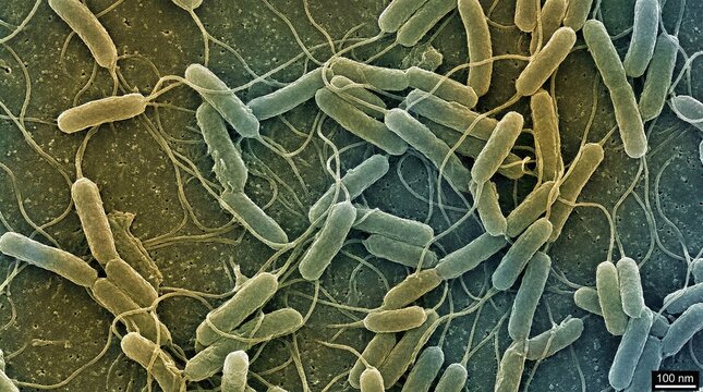 Ultra detailed microscopic visualization of Salmonella bacteria showing rod-shaped cells with flagella and dynamic organic surface patterns at extreme magnification.