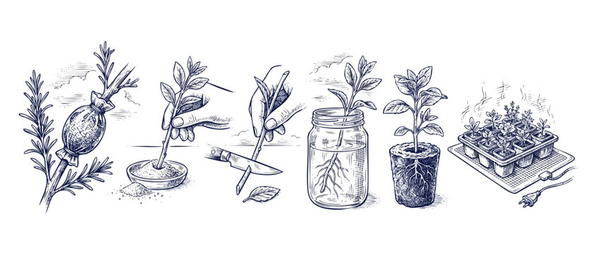 Plant propagation steps diagram sketch showing air layering, cutting stems, dipping in rooting hormone, water jar rooting, peat plug planting, and seedling heating mat on a clean white background.