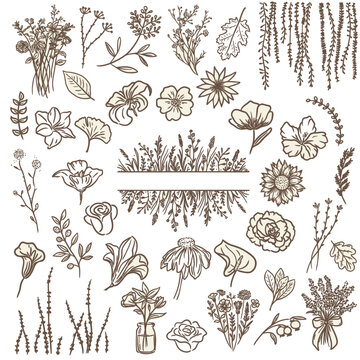 Doodle floral elements bulk icons set flowers leaves