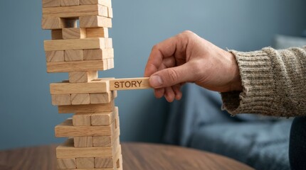 Naklejka premium Hand touching a wooden block in a stack labeled with the word story.