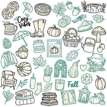 Cozy fall doodle icons bulk set autumn