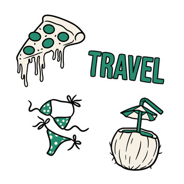 Doodle travel icons bulk pizza slice bikini coconut umbrella