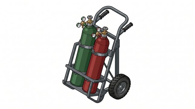 Isometric oxy-fuel welding gas cart with two cylinders and regulators. Gray hand truck holds green oxygen and red acetylene tanks with brass gauges, valves, and rubber wheels, technical vector illustr