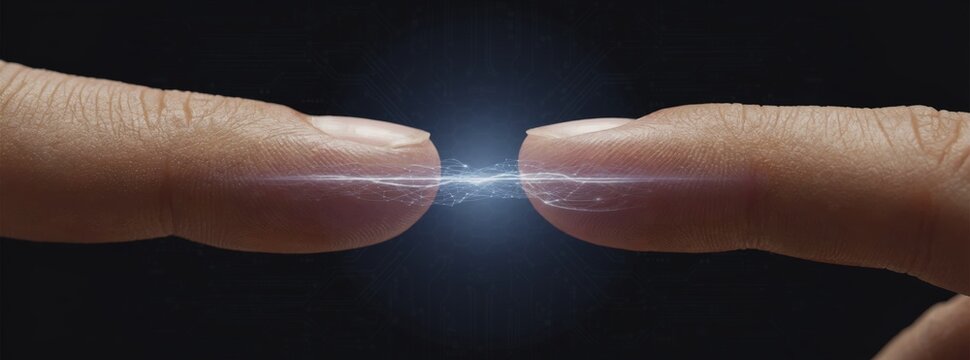 Two fingers creating an electric spark between them. Concept of energy connection, human touch in digital world, and technological interaction. Banner for innovation and future tech.
