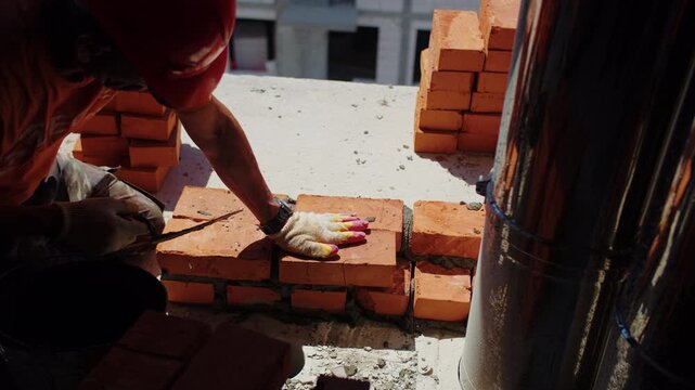 Construction worker laying bricks around ventilation duct