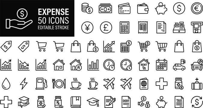 Business Expense and Personal Finance Icon Set Featuring 50 Editable Stroke Line Vectors for Budget Tracking, Shopping, Bills, and Currency Management Concepts