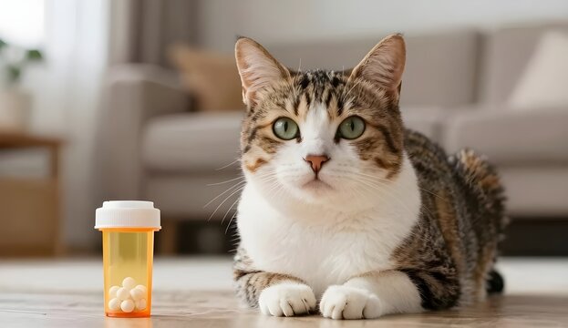 Pet medication concept with beautiful domestic shorthair cat and vitamin supplement container