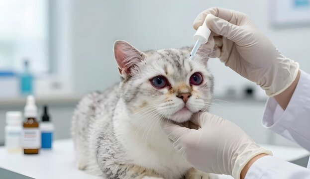 Medical treatment for pets, vet doctor treating cat eye disease in veterinary clinic