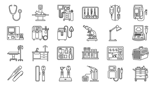 Veterinary Medical Equipment Icons: A collection of line art icons representing various veterinary medical tools and equipment, showcasing instruments for diagnosis, treatment, and patient care.