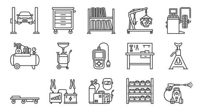 Car Repair Icons: A collection of line art icons representing various tools and equipment used in car repair and maintenance, including a car lift, tool chest, diagnostic scanner.