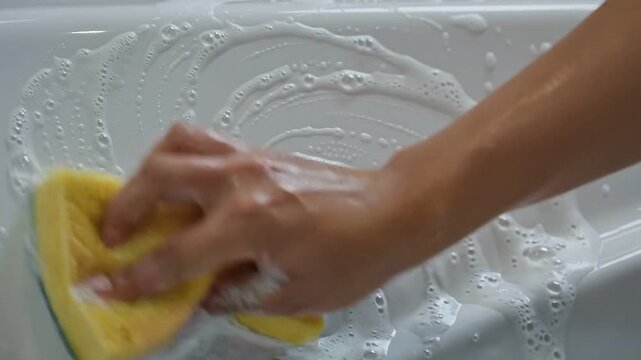 Sexy french maid uniform servant cleaning white luxury bathtub porcelain frame using sponge soap foam