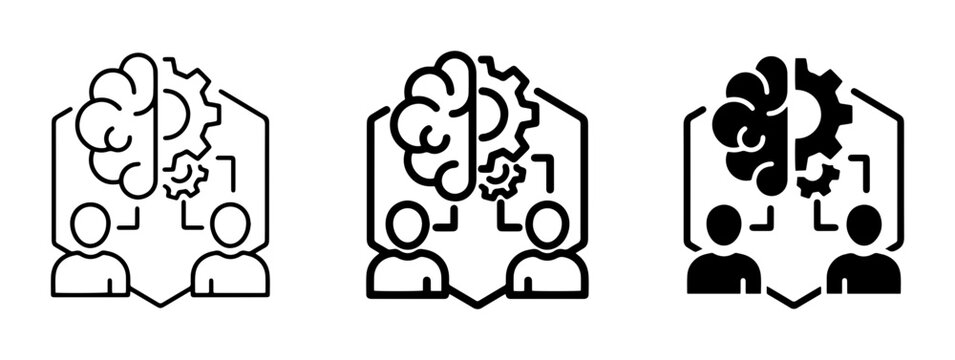 Knowledge sharing icon set, human brain and gear symbols, collaborative thinking and teamwork vector icons