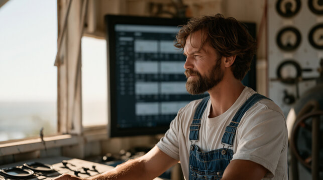 Scrollable analytics dashboard UI filling a wall-mounted monitor inside a grain elevator control room, a farmhand in overalls reviewing harvest yield data, late-summer dust