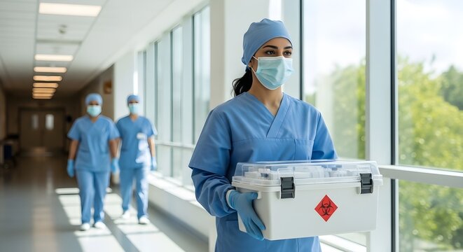 Focused healthcare worker carrying a hazardous material container through a bright modern hospital medical facility corridor