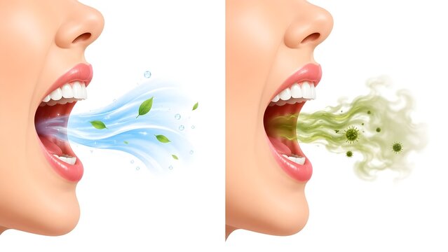 Fresh breath vs bad breath comparison illustration with oral hygiene concept isolated on white background