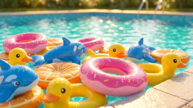 Inflatable pool floats and toy rings floating in a sunny swimming pool